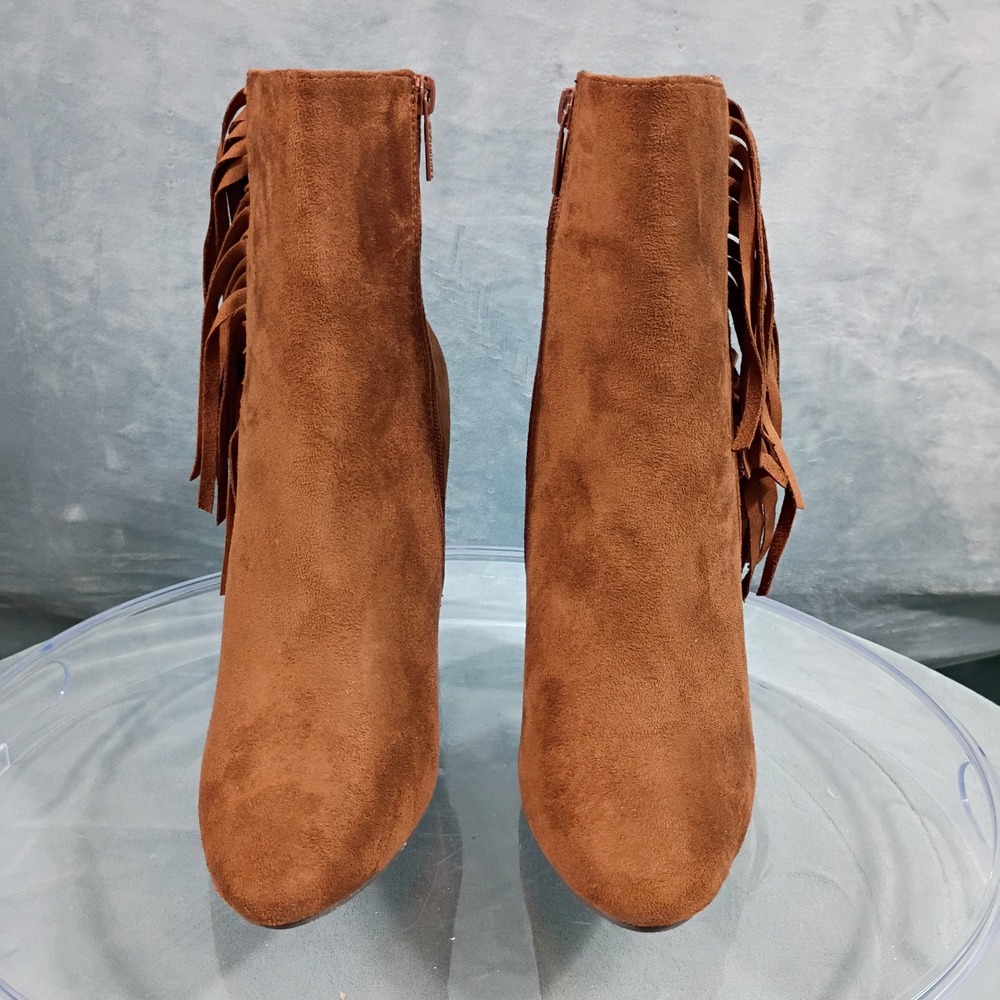 Women Cognac Faux Suede Fringe Ankle Boots Block Heel Size 10